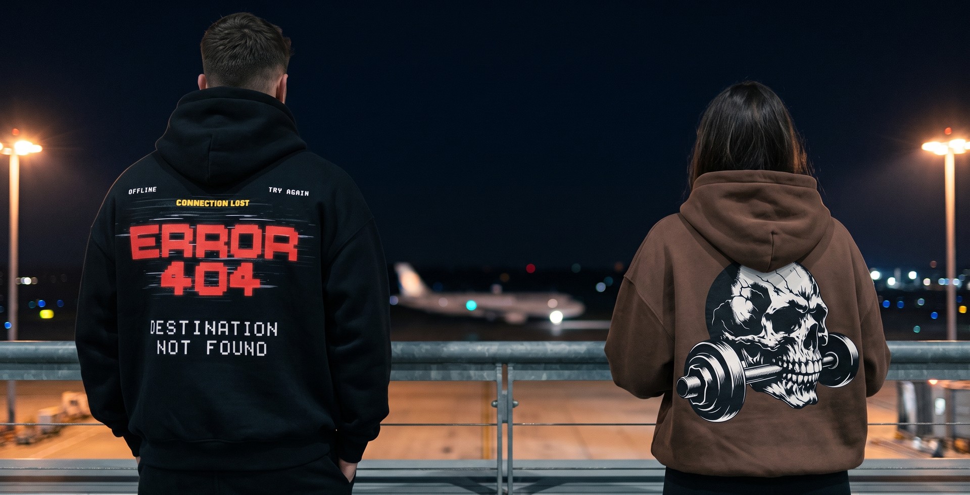 The Error 404 oversized hoodie in black, front and back