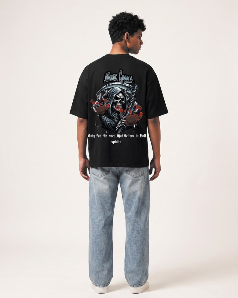 Athens Greece oversized tee in black, worn by two models