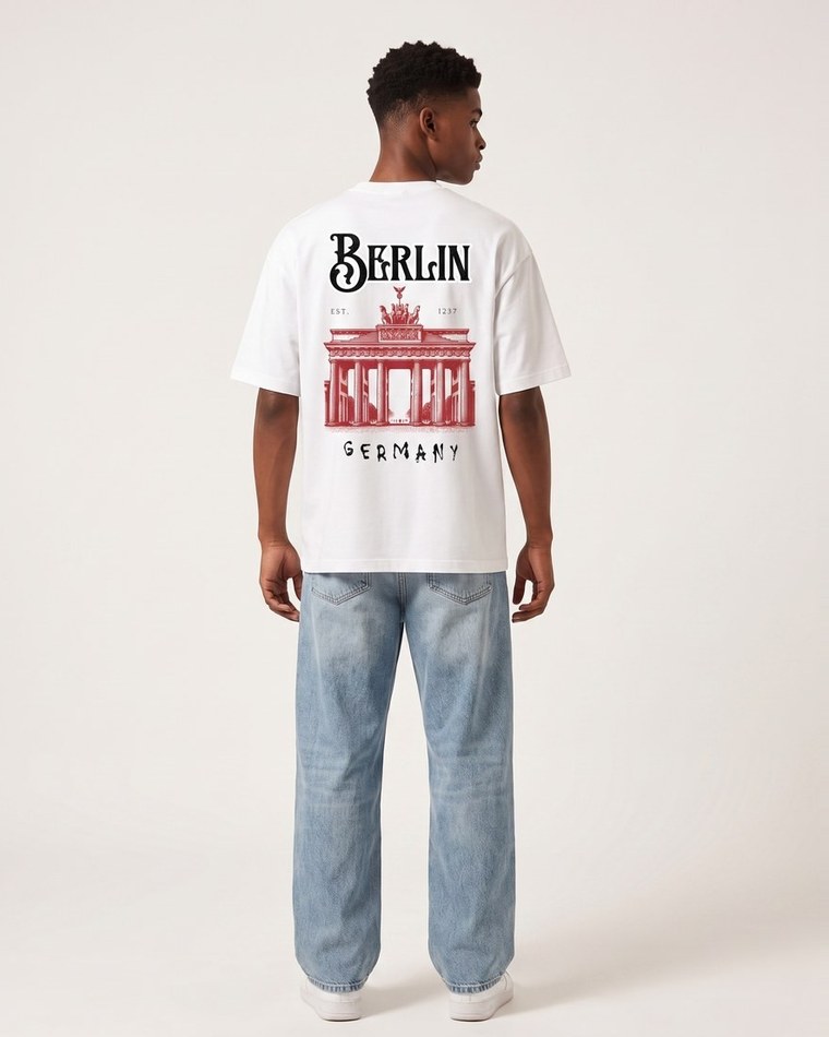 Berlin Off-Route tee in white, Brandenburg Gate back print