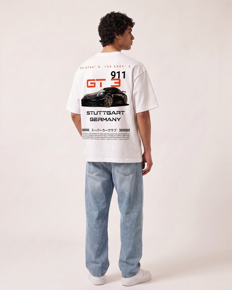 GT3 Stuttgart oversized tee in white, Porsche 911 back print