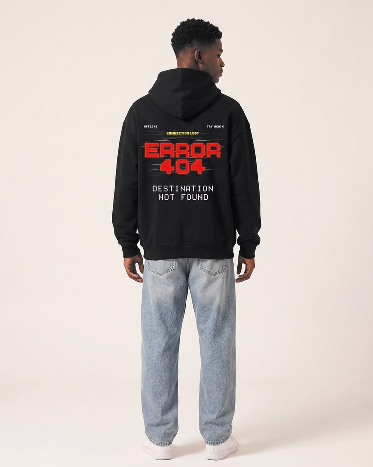 Error 404 oversized hoodie in black, front and back