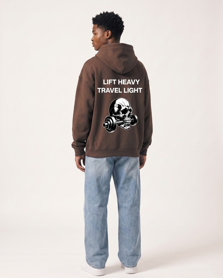 Lift Heavy Travel Light oversized hoodie in brown, front and back