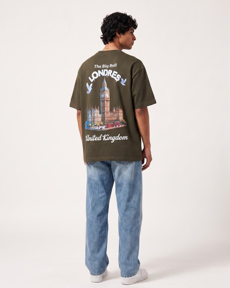 London Big Bell oversized tee in olive, Big Ben back print