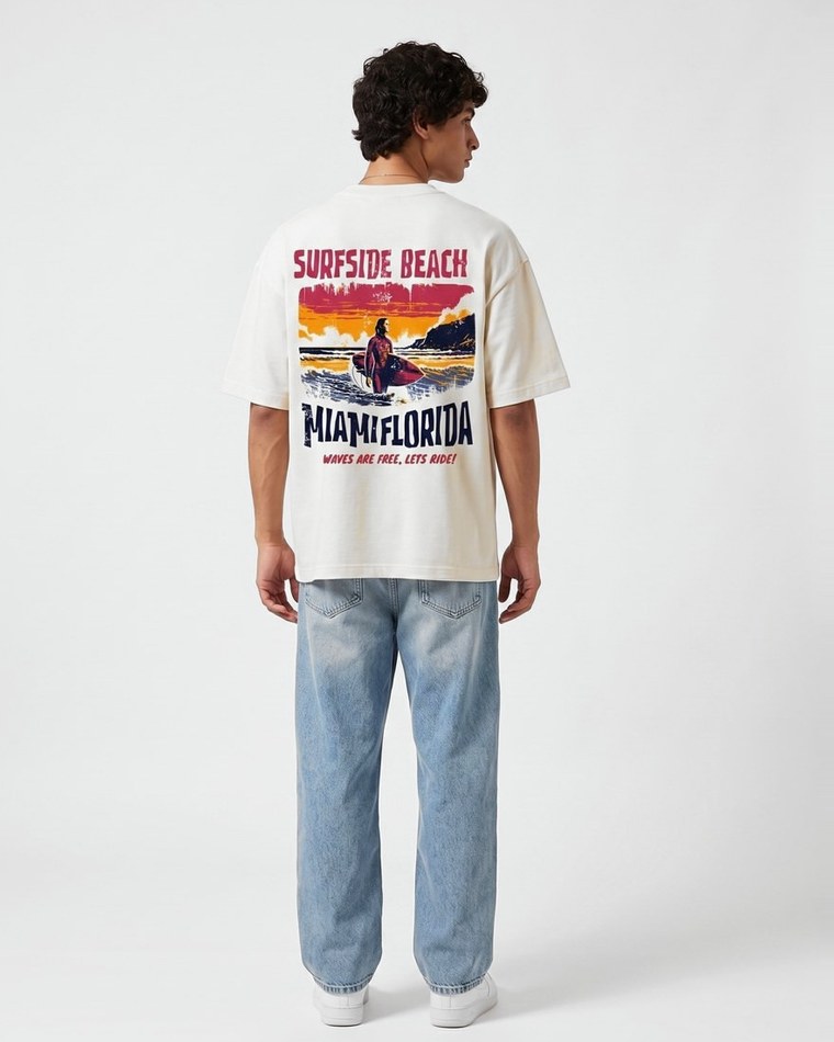 Miami Coastline oversized tee in white, Surfside Beach back print