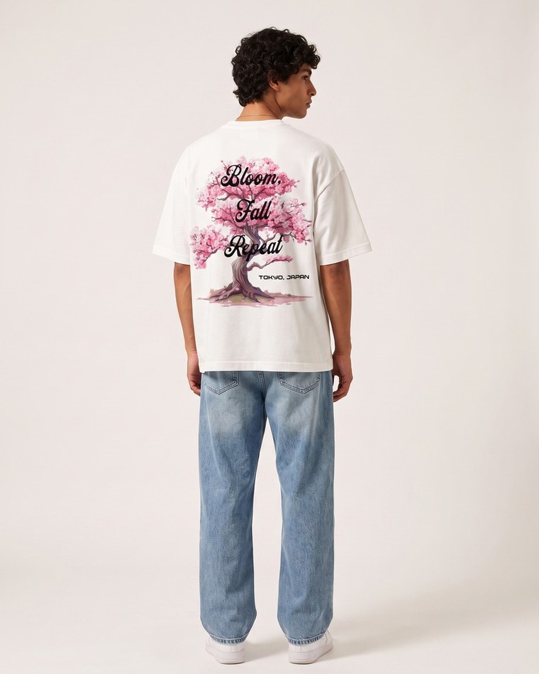 Tokyo Sakura oversized tee in white, cherry blossom back print