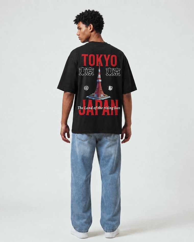 Tokyo City oversized tee in black, Tokyo Japan back print