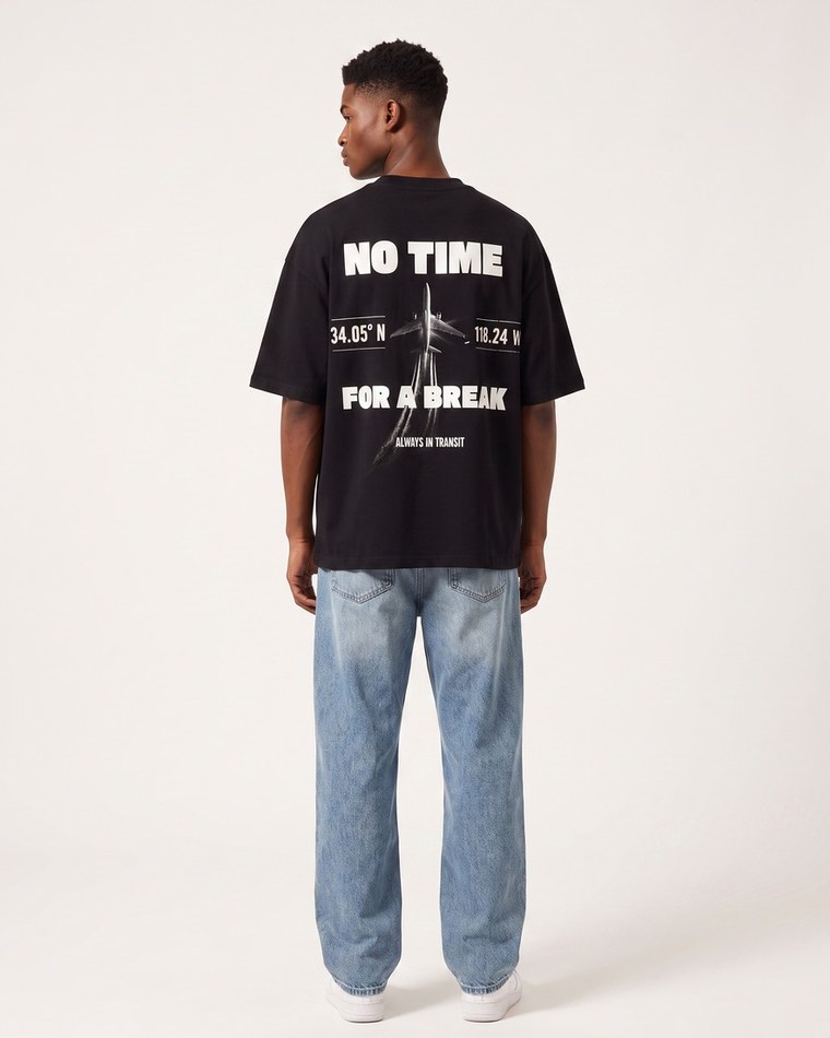 In Transit oversized tee in black, No Time For A Break back print