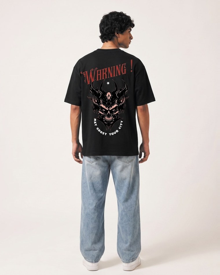Warning oversized tee in black, skull back print