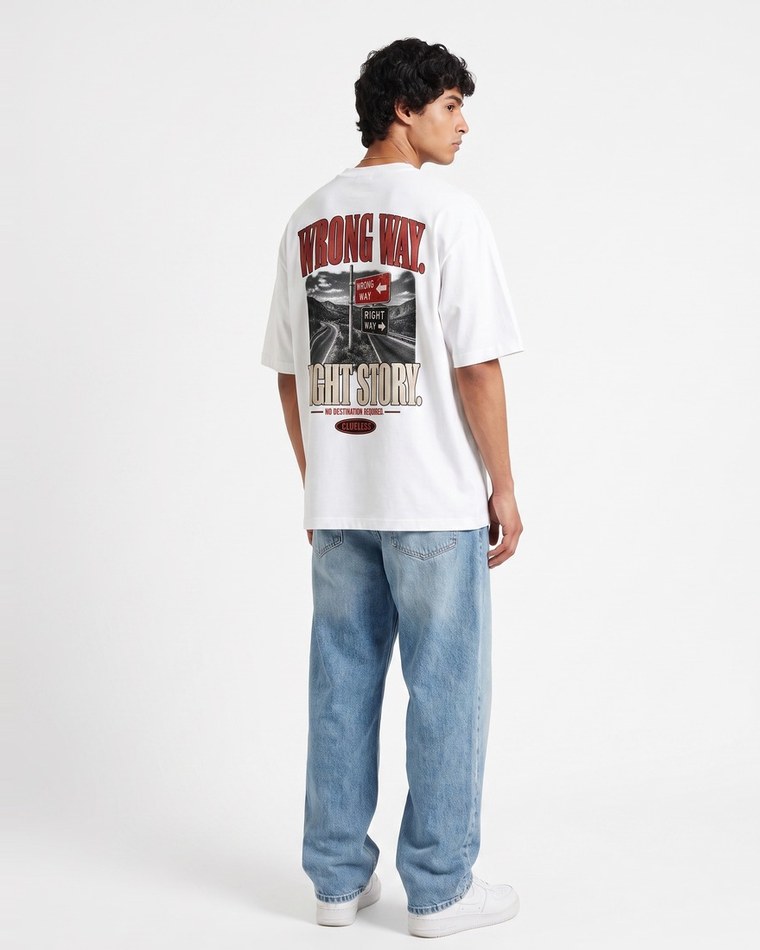 Wrong Way oversized tee in white, road sign chest badge and back print