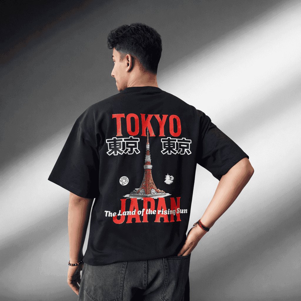 Tokyo City tee, back print worn by a model