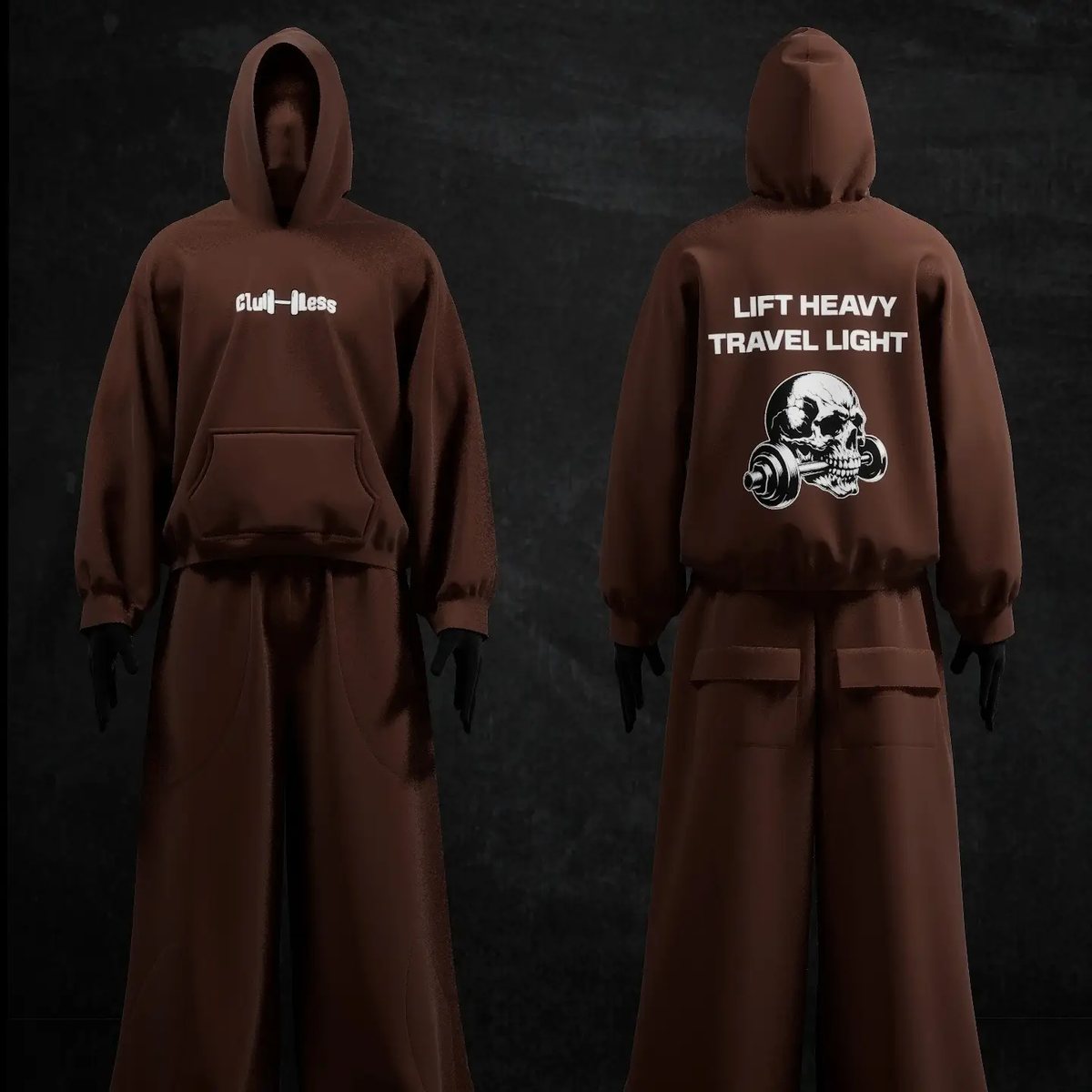 Lift Heavy Travel Light oversized hoodie in brown, front and back pair