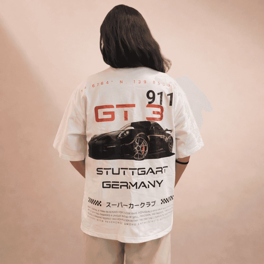 GT3 Stuttgart oversized tee in white, back print, worn by a model