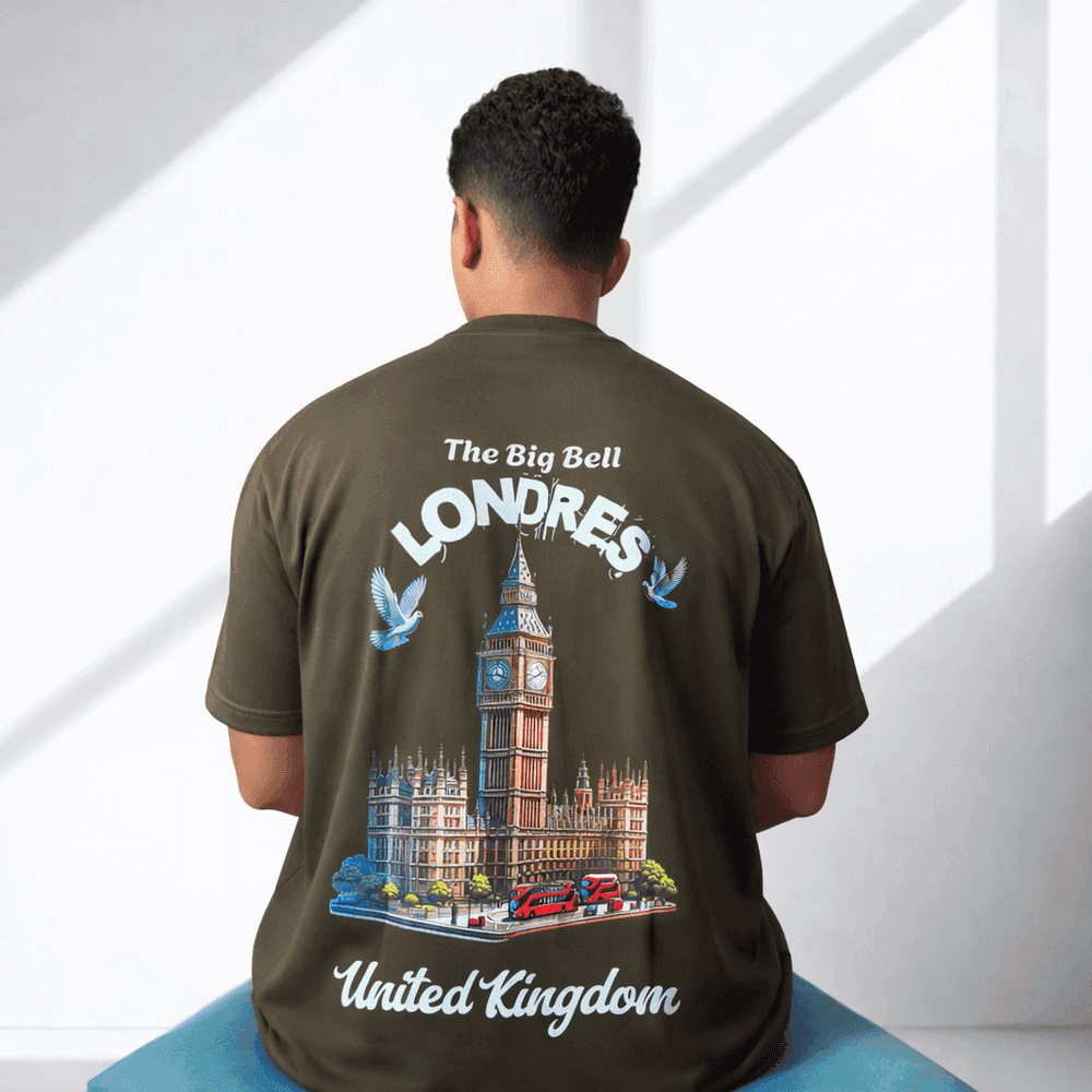London Big Bell oversized tee in olive, back print, worn by a model
