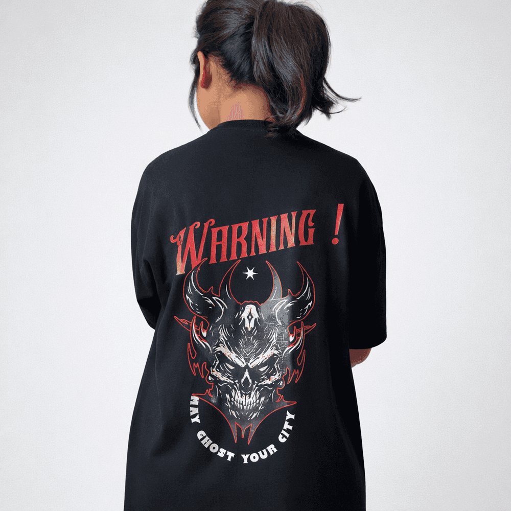Warning oversized tee, black, skull back print