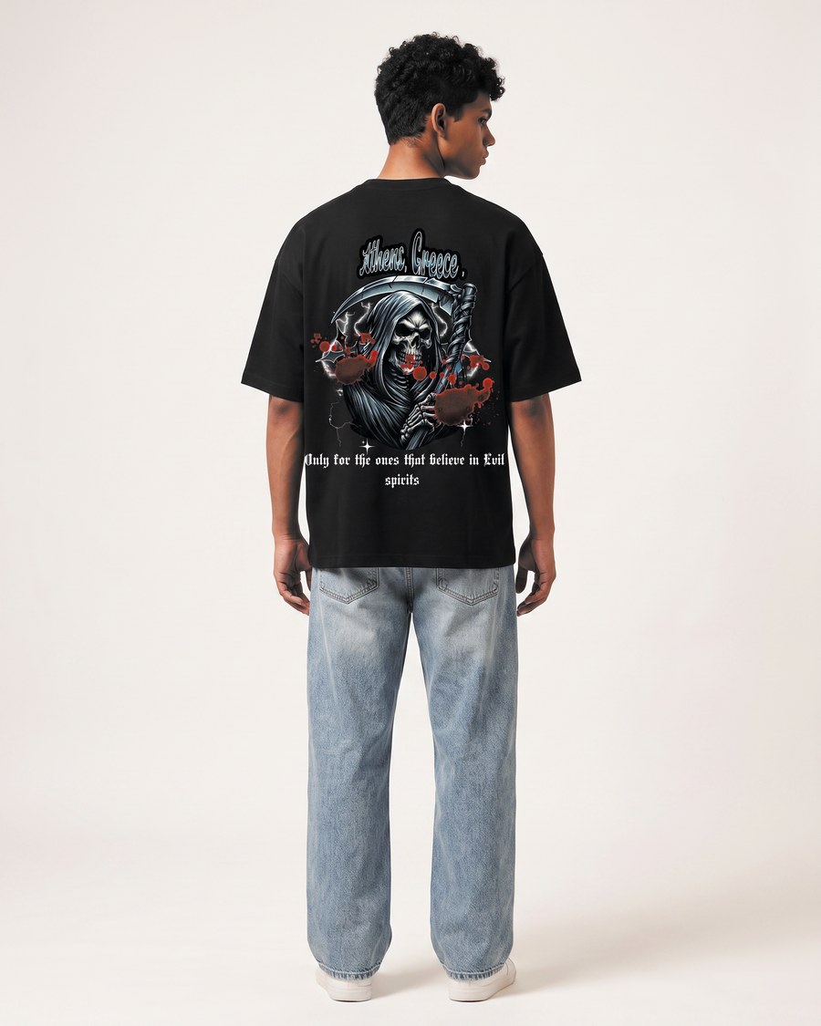Athens Greece oversized tee in black, worn by two models, view 4