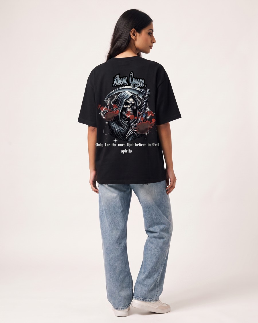 Athens Greece oversized tee in black, worn by two models, view 8