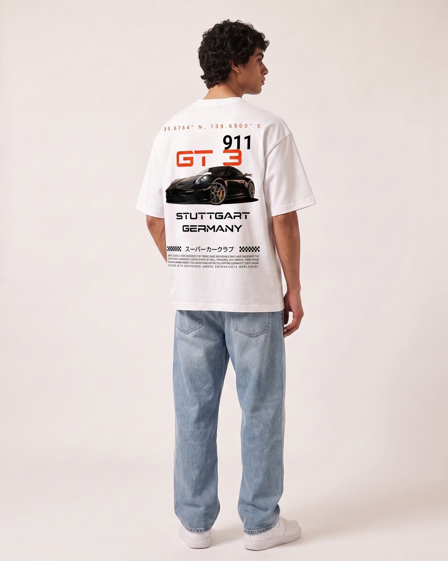 GT3 Stuttgart oversized tee in white, Porsche 911 back print, view 4