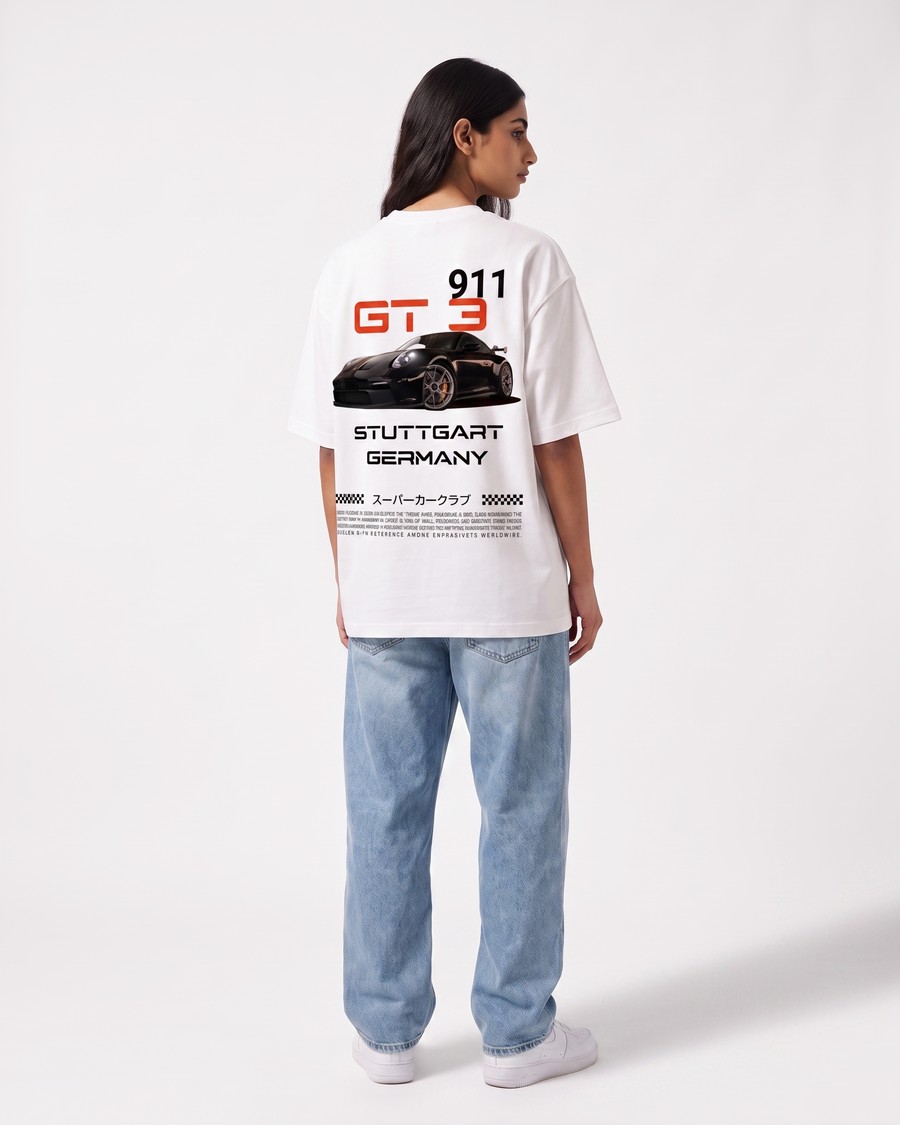 GT3 Stuttgart oversized tee in white, Porsche 911 back print, view 8