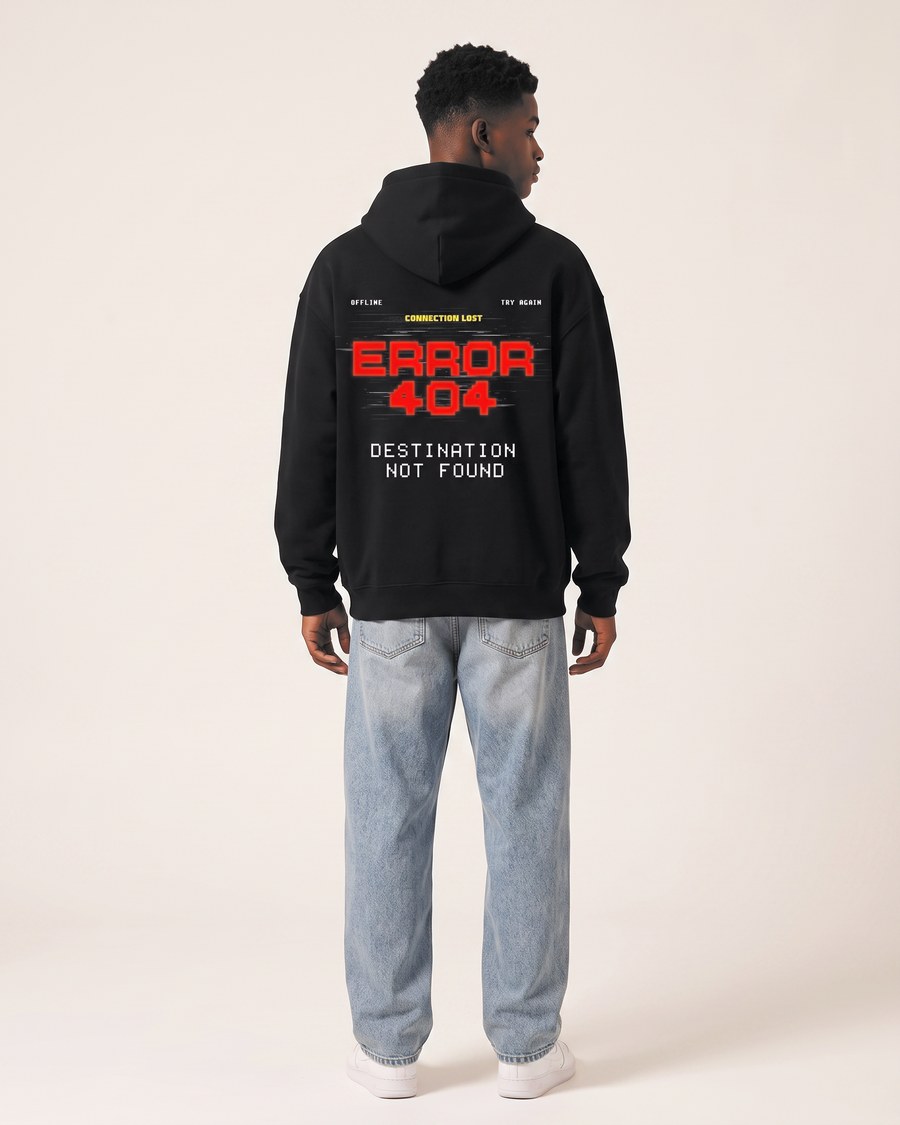 Error 404 oversized hoodie in black, front and back, view 4