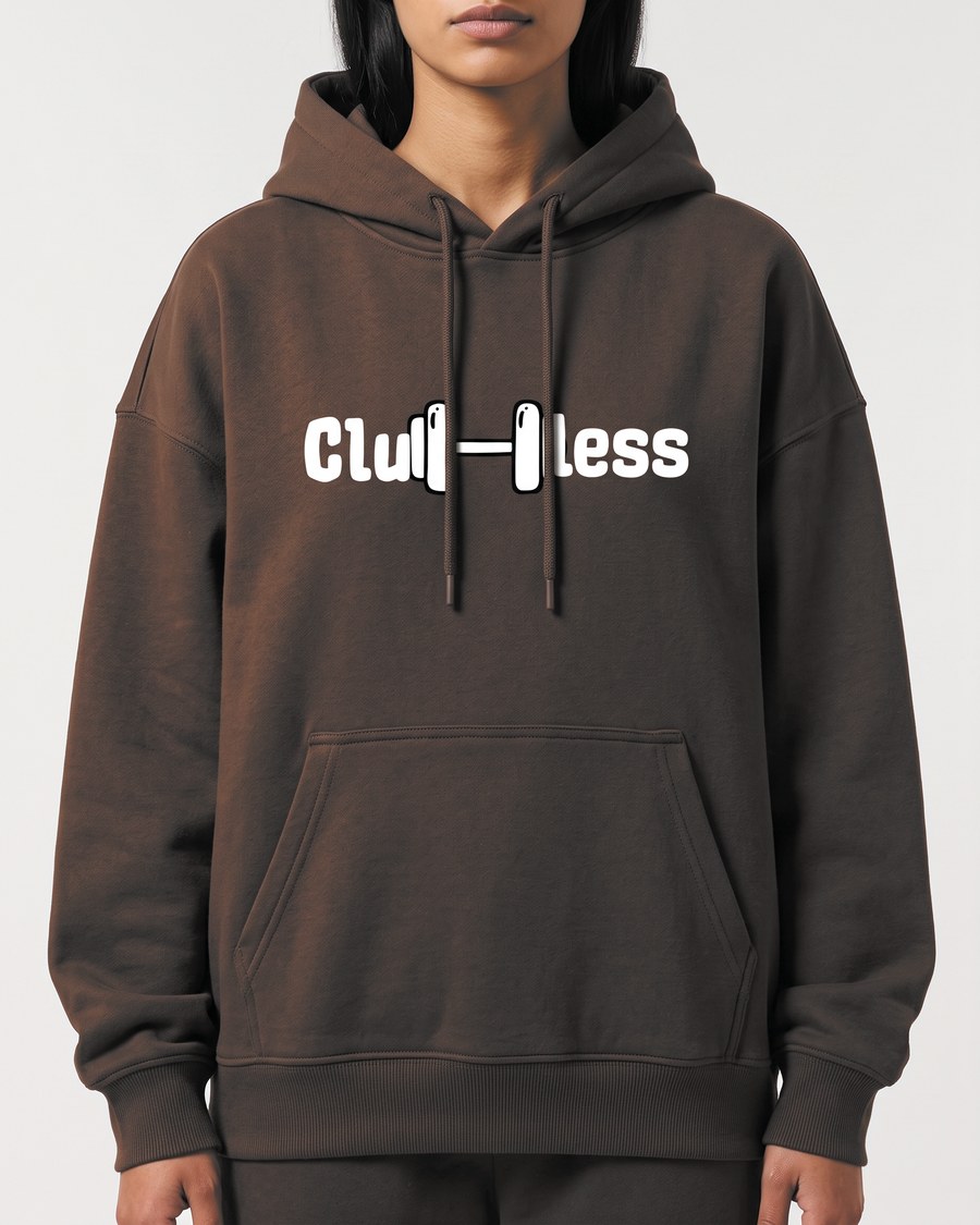 Lift Heavy Travel Light oversized hoodie in brown, front and back, view 1