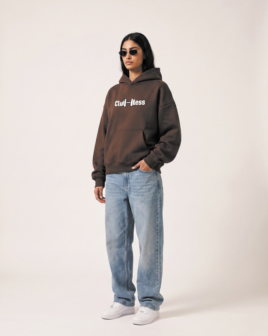 Lift Heavy Travel Light oversized hoodie in brown, front and back, view 3