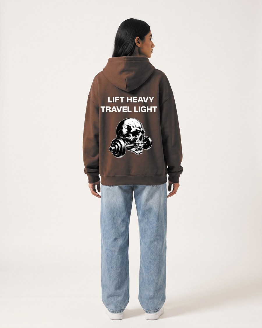 Lift Heavy Travel Light oversized hoodie in brown, front and back, view 4