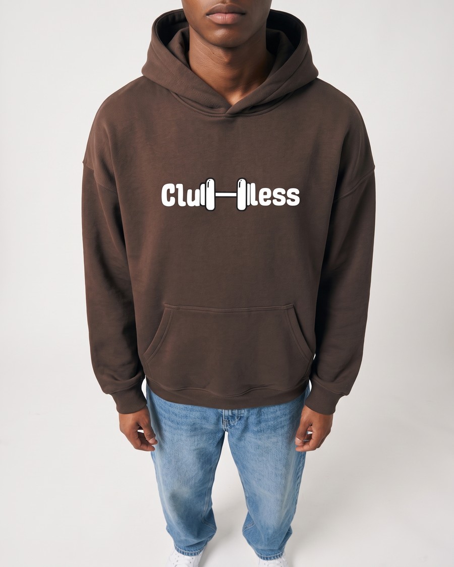 Lift Heavy Travel Light oversized hoodie in brown, front and back, view 5