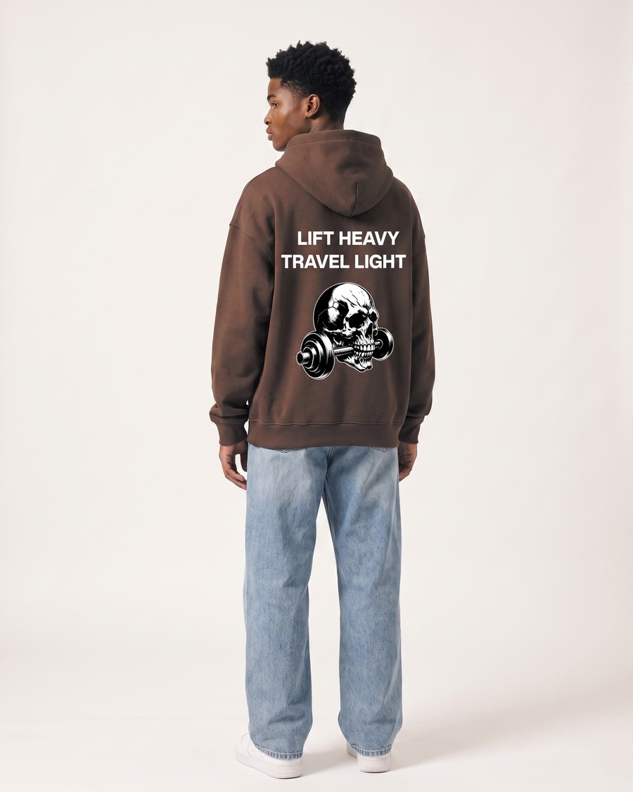 Lift Heavy Travel Light oversized hoodie in brown, front and back, view 8