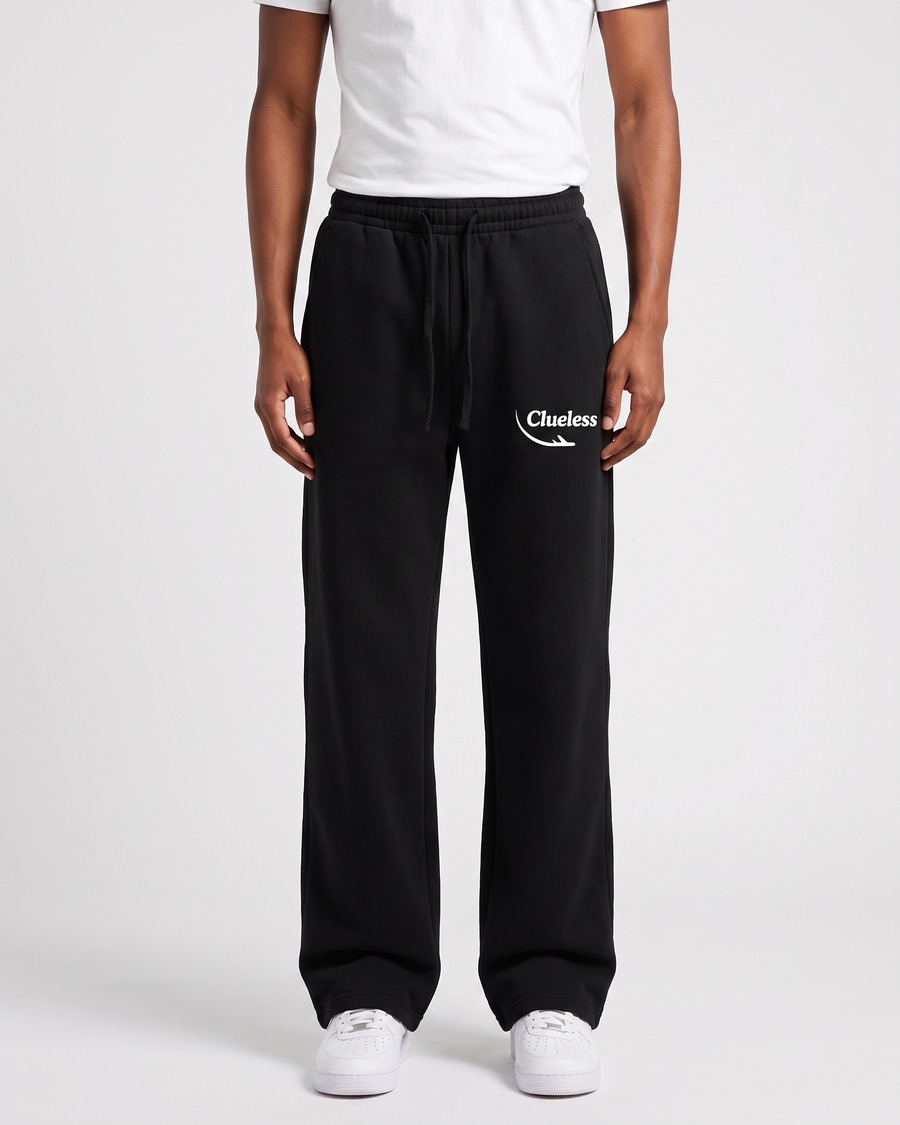 Clueless jogger in black, script and aircraft mark on the thigh, view 1