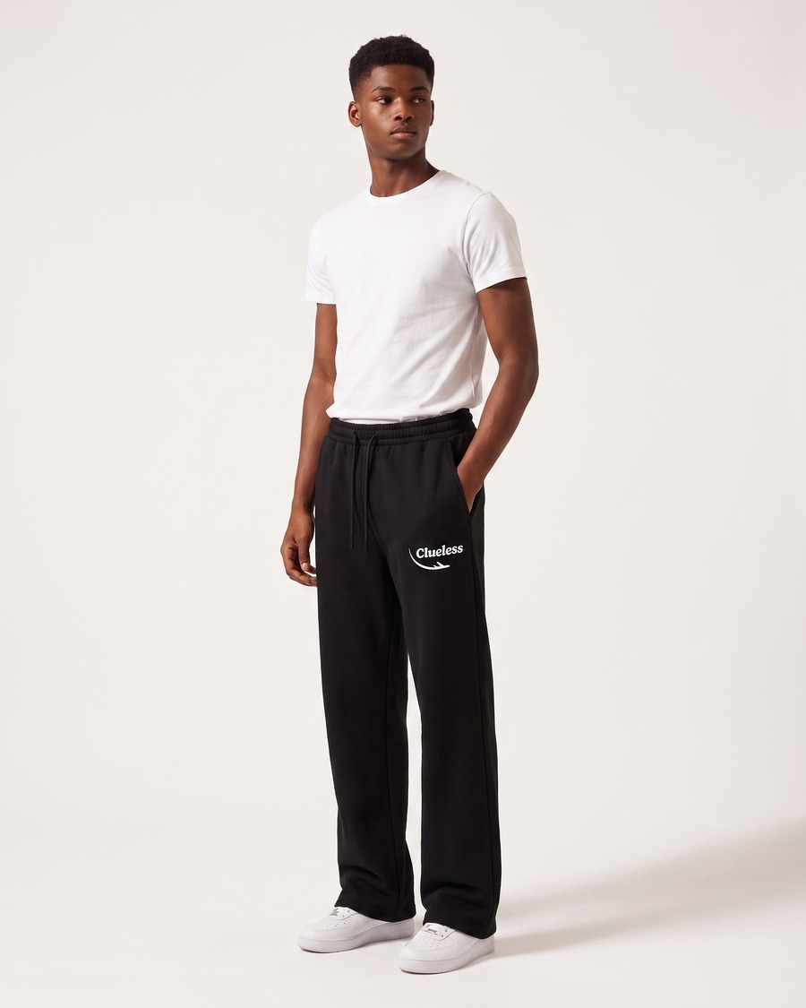 Clueless jogger in black, script and aircraft mark on the thigh, view 3