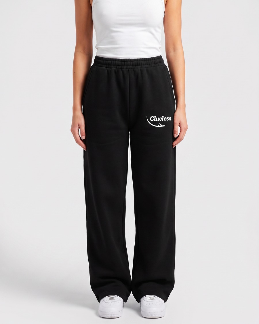 Clueless jogger in black, script and aircraft mark on the thigh, view 5