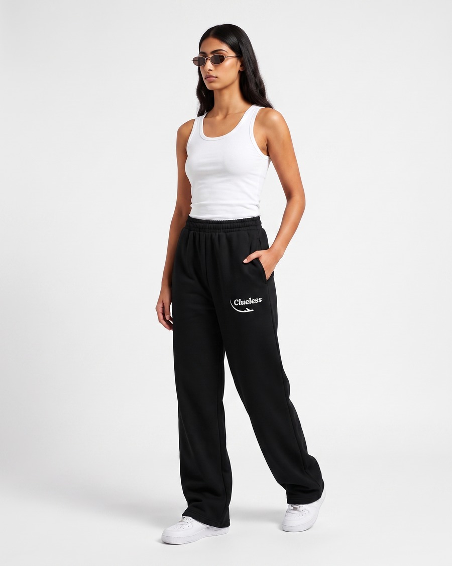 Clueless jogger in black, script and aircraft mark on the thigh, view 7