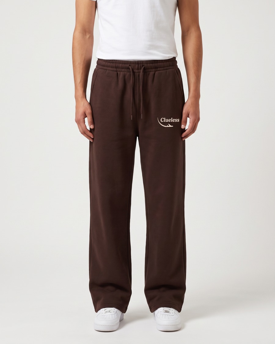 Clueless jogger in brown, script and aircraft mark on the thigh, view 2