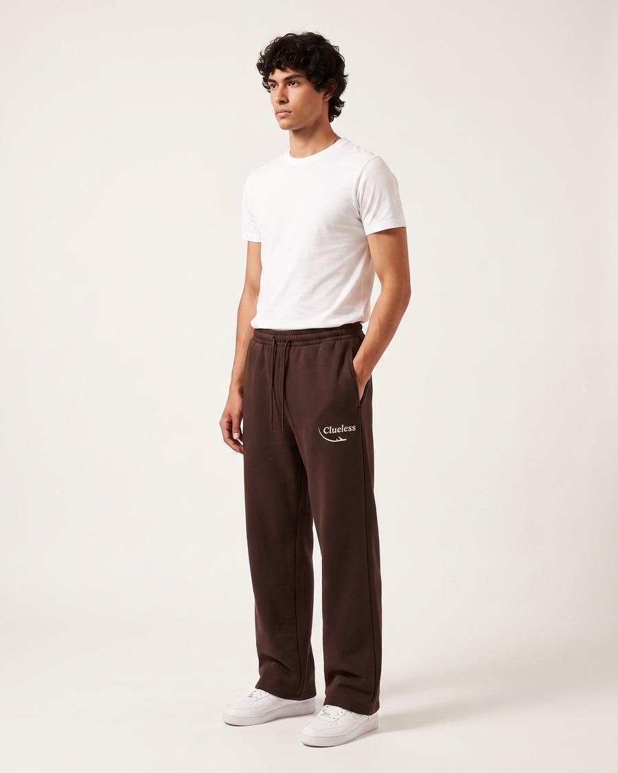 Clueless jogger in brown, script and aircraft mark on the thigh, view 3