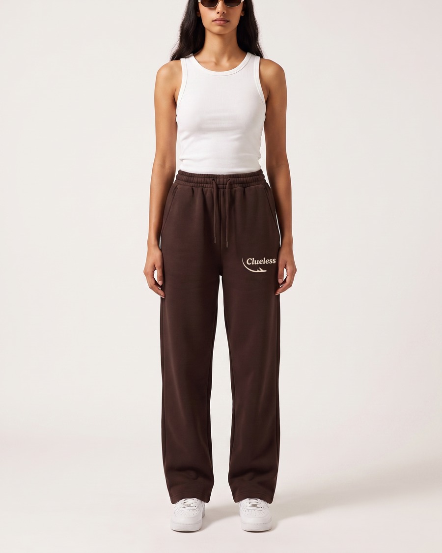 Clueless jogger in brown, script and aircraft mark on the thigh, view 5