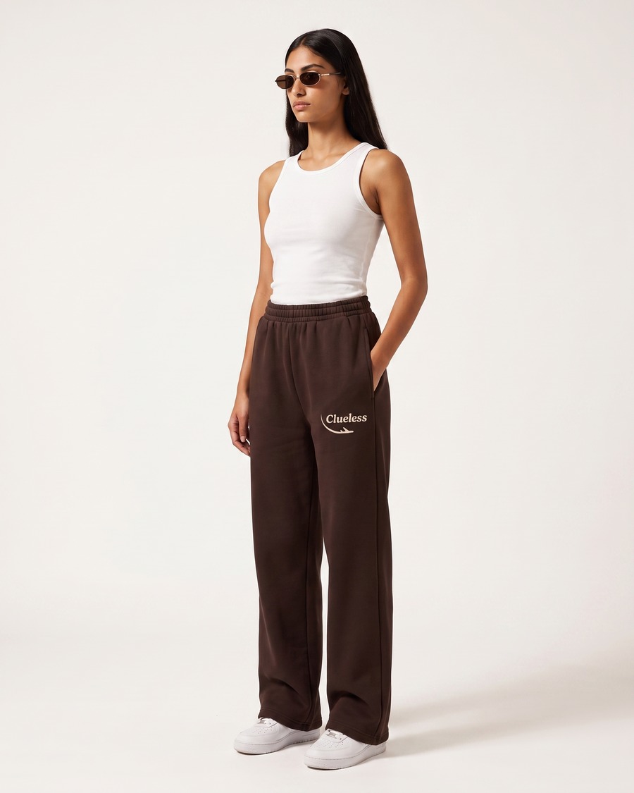 Clueless jogger in brown, script and aircraft mark on the thigh, view 7