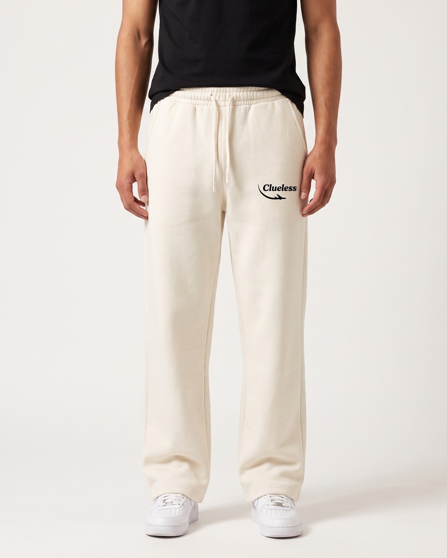 Clueless jogger in cream, script and aircraft mark on the thigh, view 1