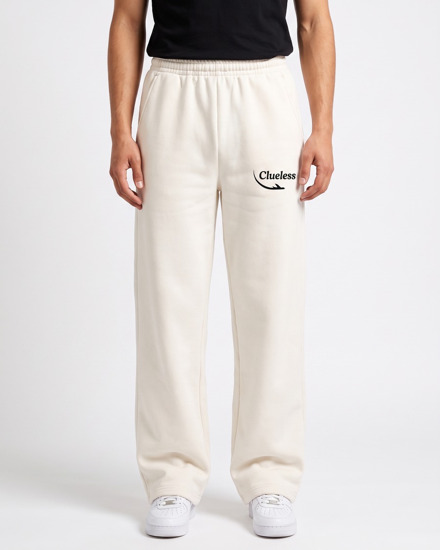 Clueless jogger in cream, script and aircraft mark on the thigh, view 2