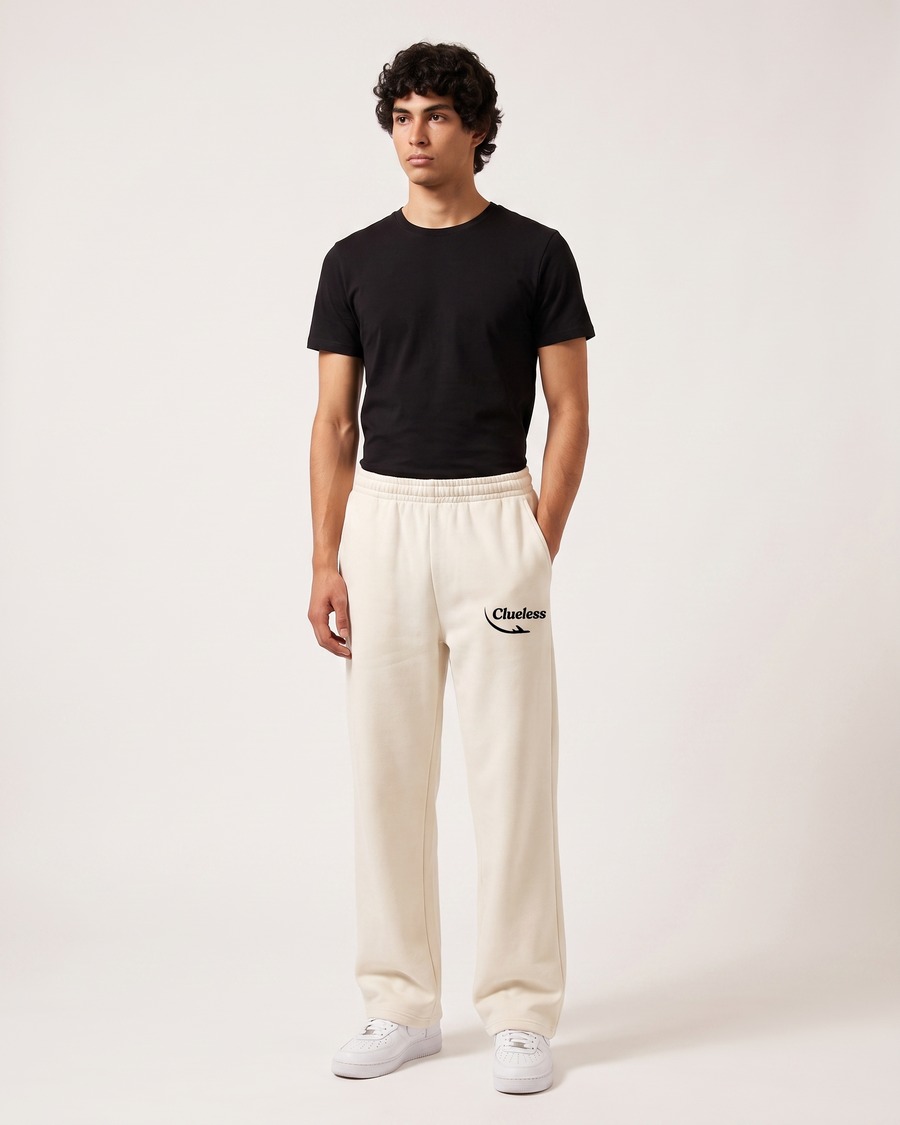 Clueless jogger in cream, script and aircraft mark on the thigh, view 3