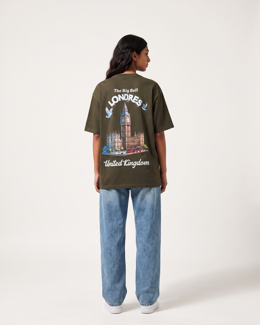 London Big Bell oversized tee in olive, Big Ben back print, view 4