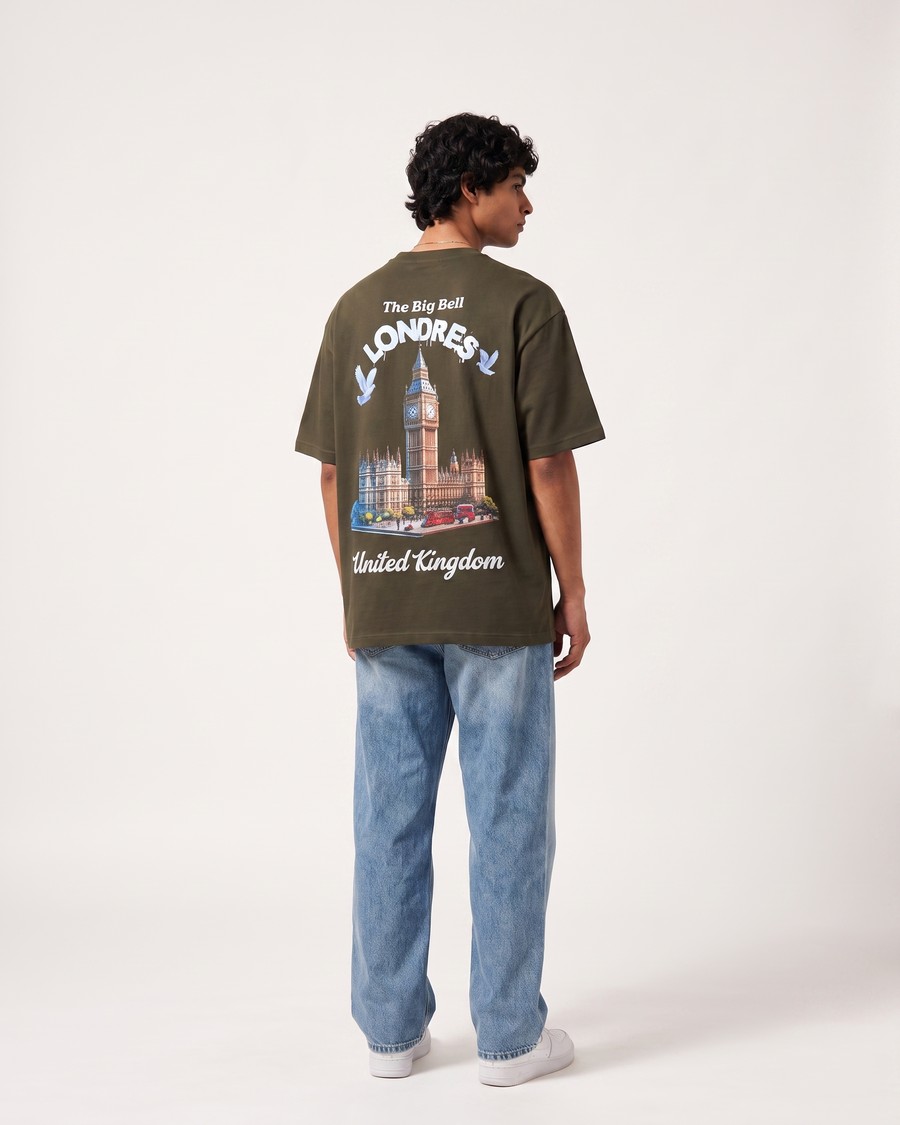 London Big Bell oversized tee in olive, Big Ben back print, view 8
