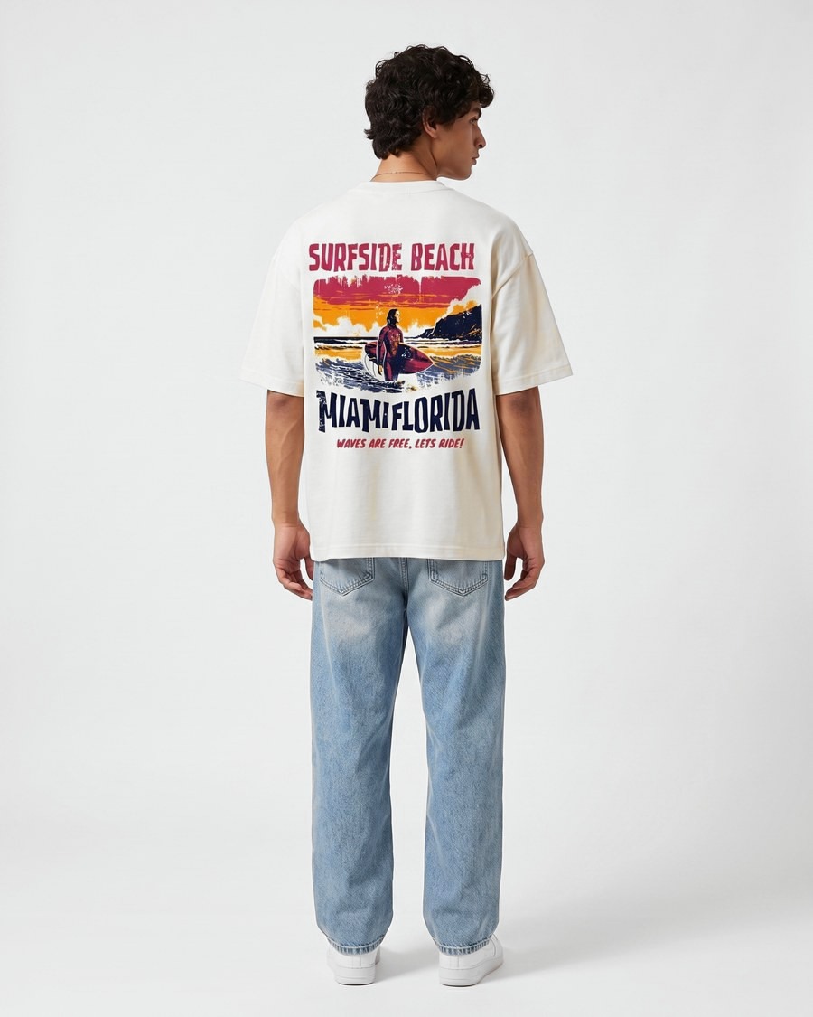 Miami Coastline oversized tee in white, Surfside Beach back print, view 4