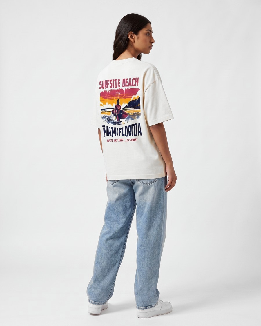 Miami Coastline oversized tee in white, Surfside Beach back print, view 8