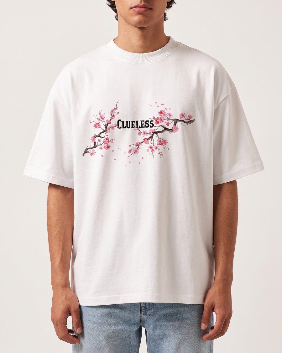 Tokyo Sakura oversized tee in white, cherry blossom back print, view 1