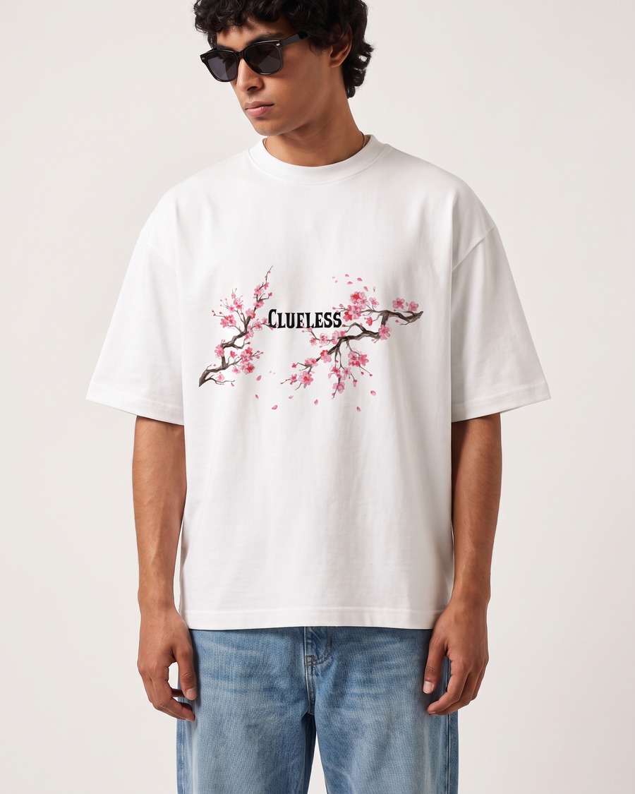Tokyo Sakura oversized tee in white, cherry blossom back print, view 2