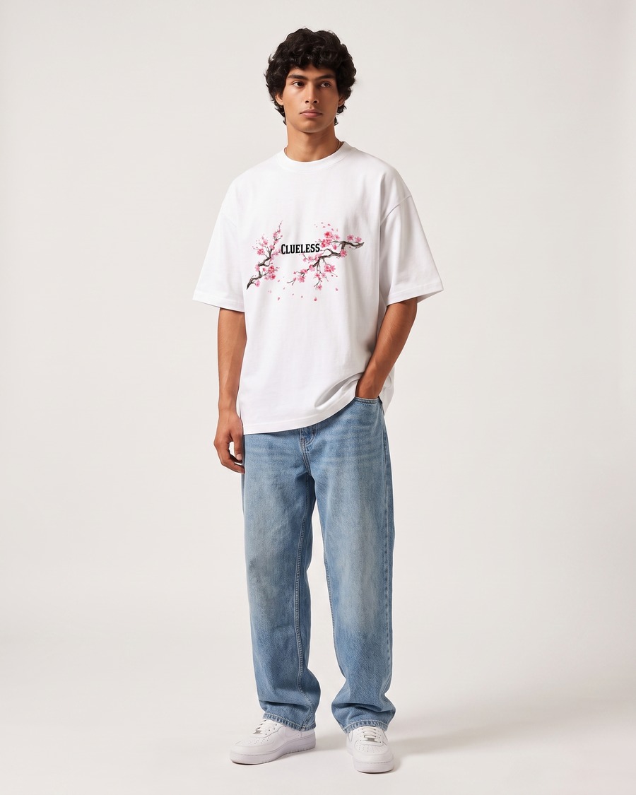 Tokyo Sakura oversized tee in white, cherry blossom back print, view 3