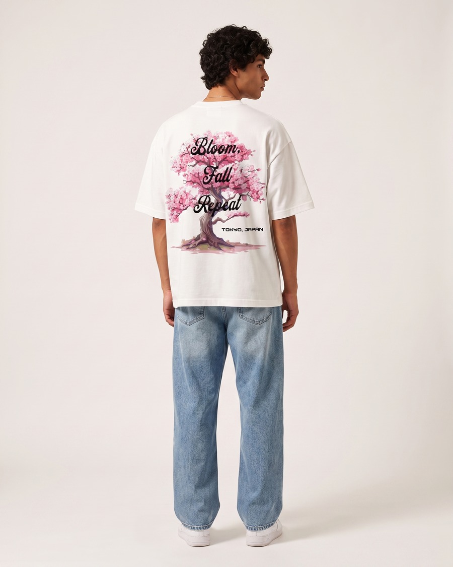 Tokyo Sakura oversized tee in white, cherry blossom back print, view 4