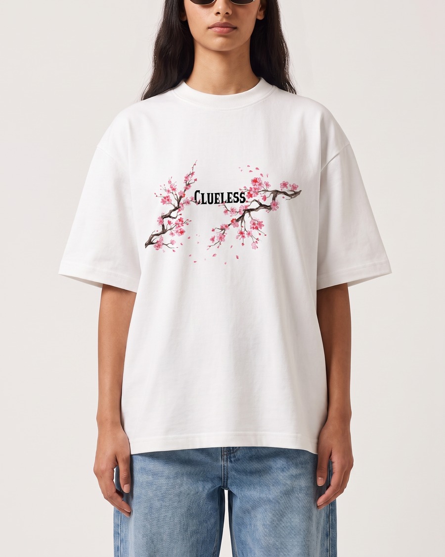 Tokyo Sakura oversized tee in white, cherry blossom back print, view 5