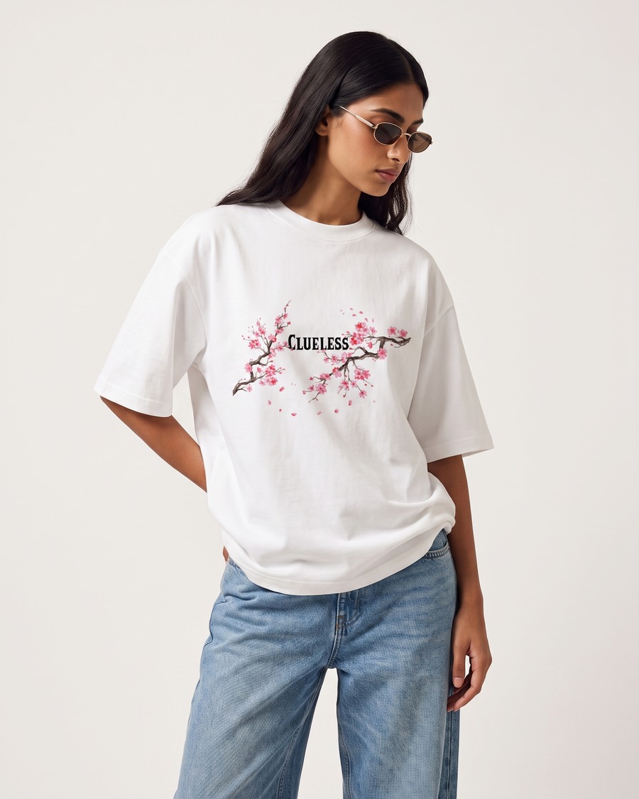 Tokyo Sakura oversized tee in white, cherry blossom back print, view 6