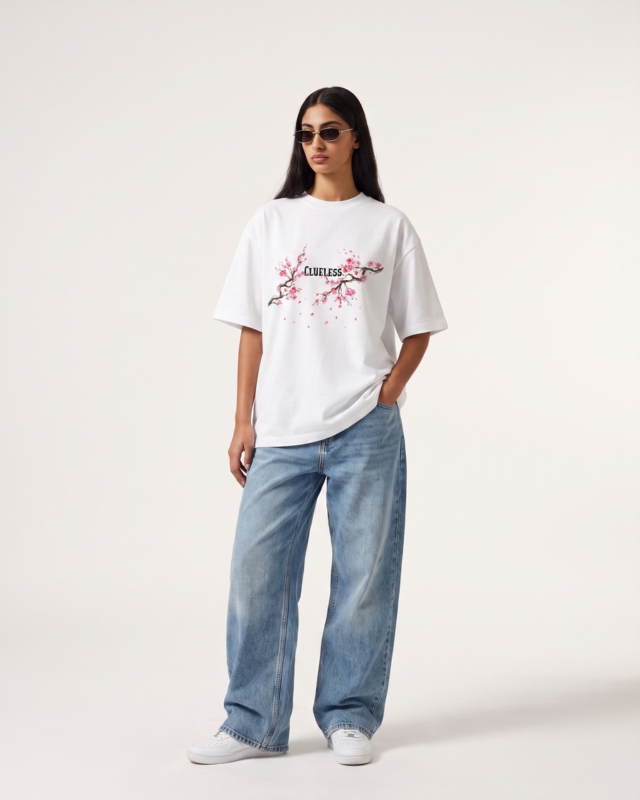 Tokyo Sakura oversized tee in white, cherry blossom back print, view 7